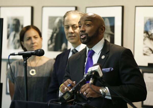 FILE - Damario Solomon-Simmons speaks at a news conference, June 2, 2021, in Tulsa, Okla. The state of Oklahoma says it is unwilling to participate in settlement discussions with survivors who are seeking reparations for the 1921 Tulsa Race Massacre and that a Tulsa County judge properly dismissed the case in July 2023. The Oklahoma attorney general's litigation division filed its response Monday, Aug. 14, with the Oklahoma Supreme Court. “It’s no surprise that the state, which took part in a lawless massacre of American citizens, has refused to settle," Solomon-Simmons said in a statement to The Associated Press. (Stephen Pingry/Tulsa World via AP, File)