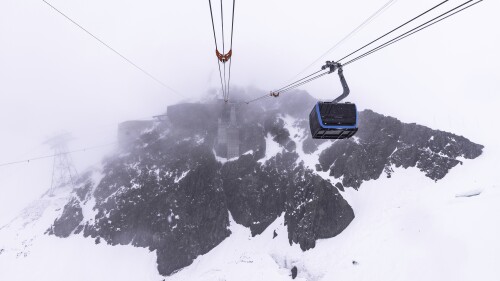 A view out of a the new gondola towards mountain station Klein Matterhorn before the official opening of the new Matterhorn Glacier Ride II from Klein Matterhorn to Testa Grigia, on Friday, June 30, 2023, in Zermatt, Valais, Switzerland. The 3S cable car Matterhorn Glacier Ride II connects the Klein Matterhorn mountain station at 3,883 metres above sea level with the Testa Grigia valley station at 3,480 metres above sea level. (Dominic Steinmann/Keystone via AP)