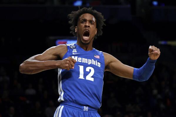 Memphis' DeAndre Williams reacts after being fouled by a Virginia Tech player during the first half of an NCAA college basketball game in the NIT Season Tip-Off tournament Wednesday, Nov. 24, 2021, in New York. (AP Photo/Adam Hunger)