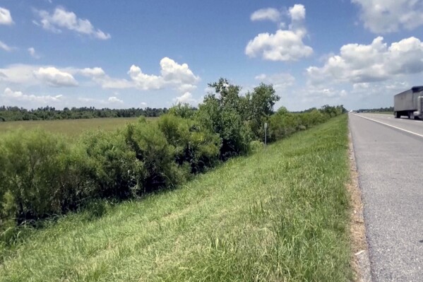 This image made from video provided by KPLC shows a truck passing along the highway where a 1-year-old child was found on Tuesday, July 9, 2024. Speaking at a press conference, Calcasieu Parish Sheriff Gary “Stitch” Guillory said the “miracle baby” survived two days of sometimes stormy weather before a truck driver spotted him crawling along the road the day after his 4-year-old brother was found dead and his mother was arrested in Mississippi. (KPLC via AP)