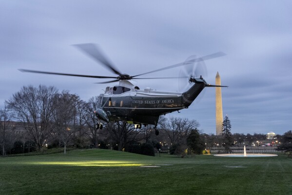 Marine One with President Joe Biden aboard lifts off from the South Lawn of the White House in Washington, Friday, March 1, 2024, to travel to Camp David, Md., for the weekend. (AP Photo/Andrew Harnik)