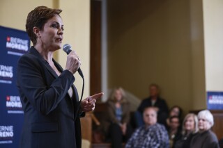 Arizona Republican Senate candidate Kari Lake urges support for Ohio Republican Senate candidate Bernie Moreno, Monday, March 18, 2024, in Toledo, Ohio. (Jeremy Wadsworth/The Blade via AP)