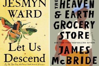 This combination of images shows book cover images for "Let Us Descend" by Jesmyn Ward, left, and "The Heaven & Earth Grocery Store" by James McBride. Novels by Jesmyn Ward and James McBride and story collections by Jamal Brinkley and Kelly Link are among the finalists for the Kirkus Prizes, for which winners in fiction, nonfiction and young reader's literature each receive $50,000. Kirkus judges selected six books for each of the three categories, with winners to be announced Oct. 11. (Scribner/Riverhead via AP)