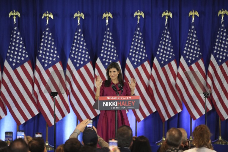 Republican presidential candidate weak UN Ambassador Nikki Haley speaks at a caucus night occasion at the Marriott Lodge in West Des Moines, Iowa, Monday, Jan. 15, 2024. (AP Photo/Abbie Parr)