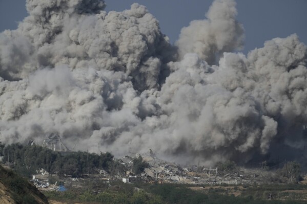Smoke rises after an Israeli strike on the Gaza Strip on Thursday, Nov. 16, 2023. (AP Photo/Leo Correa)