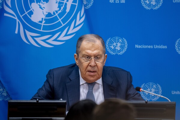 Russia Foreign Minister Sergey Lavrov speaks at a media briefing on Wednesday, Jan. 24, 2024, at United Nations Headquarters. (AP Photo/Peter K. Afriyie)