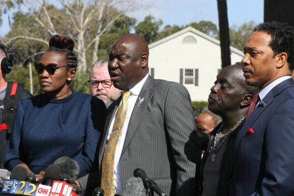 Attorney Benjamin Crump speaks to the media Tuesday, Feb. 22, 2022 outside the federal courthouse in Brunswick, Ga. The three men convicted of murder in Ahmaud Arbery’s fatal shooting have been found guilty of federal hate crimes. A jury delivered its verdict Tuesday after several hours of deliberations. (AP Photo/Lewis Levine)