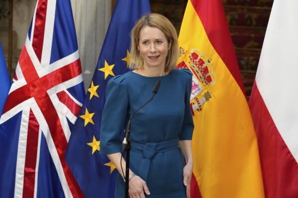 European Union High Representative for Foreign Affairs and Security Policy Kaja Kallas speaks during a G5+ Foreign Ministers meeting in Madrid, Spain, Monday March 31, 2025. (AP Photo/Paul White)