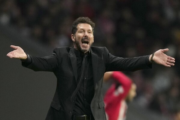 Atletico Madrid's head coach Diego Simeone reacts during the Champions League Group E soccer match between Atletico Madrid and Celtic at the Metropolitano stadium in Madrid, Spain, Tuesday, Nov. 7, 2023. (AP Photo/Jose Breton)