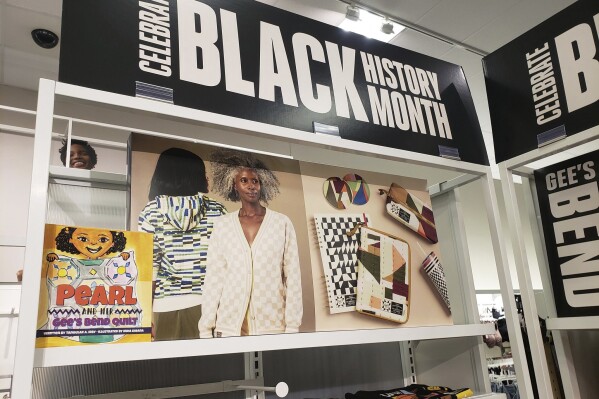 This photo provided by Tangular Irby shows a Gee's Bend x Target display at a Target store in Trumbull, Conn., Feb. 10, 2024. The multinational retailer launched a limited-edition collection based on the Gee’s Bend quilters' designs for Black History Month in 2024. The Target designs were “inspired by” five Gee's Bend quilters who reaped limited financial benefits from the collection’s success. (Tangular Irby via AP)