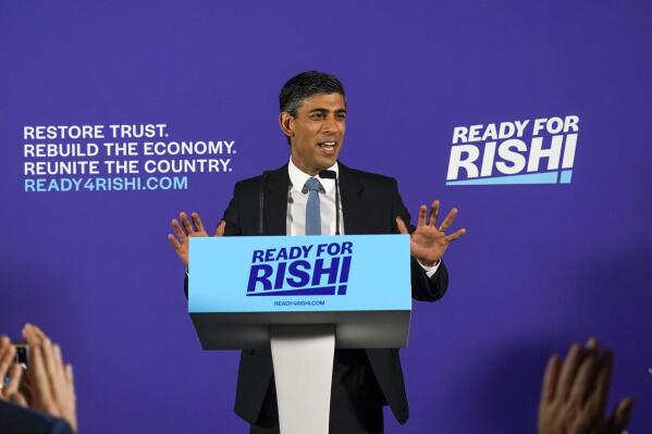 FILE - British Conservative Party Member of Parliament Rishi Sunak launches his campaign for the Conservative Party leadership, in London, July 12, 2022. Sunak, 42, will be the first Hindu and the first person of South Asian descent to lead the country, which has a long history of colonialism and has often struggled to welcome immigrants from its former colonies — and continues to grapple with racism and wealth inequality. (AP Photo/Alberto Pezzali, File)