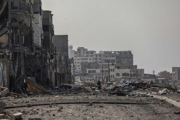 Damage to buildings caused by the ongoing Israeli airstrikes on Gaza City, Saturday, Oct. 28, 2023. (AP Photo/Abed Khaled)