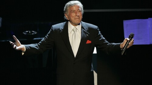 FILE - Tony Bennett reacts after performing the song "I left My Heart in San Francisco" during his 80th birthday celebration at the Kodak Theater in Los Angeles, on Nov. 9, 2006. Bennett, the eminent and timeless stylist whose devotion to classic American songs and knack for creating new standards, graced a decadeslong career that brought him admirers from Frank Sinatra to Lady Gaga, died Friday, July 21, 2023. He was 96. (AP Photo/Kevork Djansezian, File)