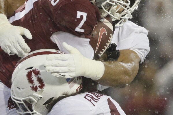 Stanford cornerback Jshawn Frausto-Ramos, bottom, and defensive lineman Tobin Phillips, right, tackle Washington State wide receiver Kyle Williams (2) during the first half of an NCAA college football game, Saturday, Nov. 4, 2023, in Pullman, Wash. (AP Photo/Young Kwak)