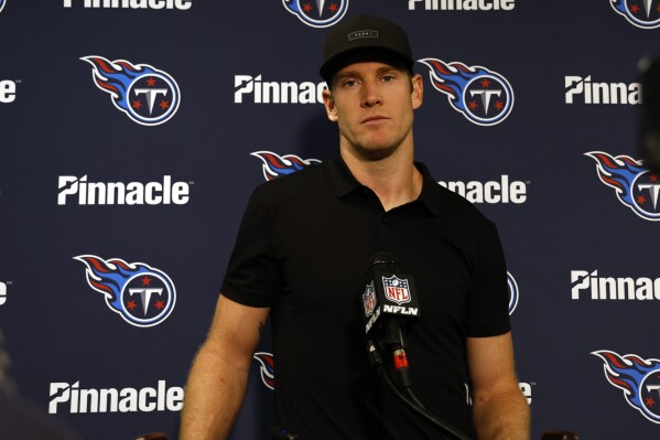 Tennessee Titans quarterback Ryan Tannehill talks with media after a loss to the New Orleans Saints in an NFL football game Sunday, Sept. 10, 2023, in New Orleans. (AP Photo/Butch Dill)