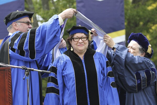 FILE - Supreme Court Justice Sonia Sotomayor receives an Honorary Doctor of Laws degree during the University of Rhode Island commencement ceremony on May 22, 2016, in South Kingstown, R.I. (Glenn Osmundson/The Providence Journal via AP)