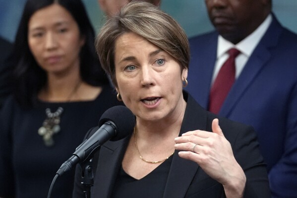 FILE - Massachusetts Gov. Maura Healey takes questions from reporters, Jan. 31, 2024, in Boston. Healey said Thursday, Aug. 1, that she’s pressing Steward Health Care to adhere to a state Department of Public Health regulation that hospital owners must give 120 days notice before any medical facility can close in Massachusetts. (AP Photo/Steven Senne, File)