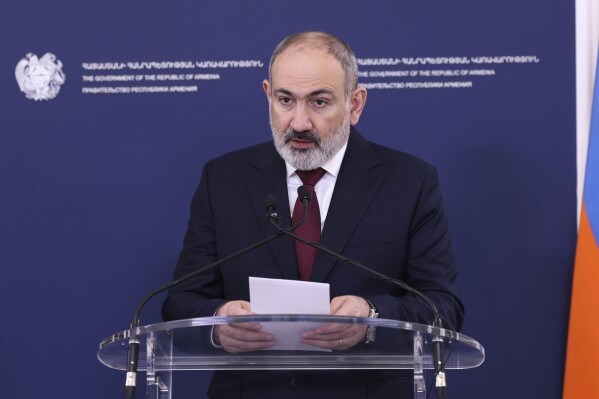 Armenia's Prime Minister Nikol Pashinyan speaks during joint statements with NATO Secretary General Jens Stoltenberg after their meeting in Yerevan, Armenia, Tuesday, March 19, 2024. (Stepan Poghosyan/Photolure via AP)