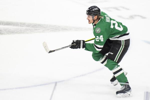 Dallas Stars center Roope Hintz (24) skates downice during the first period of an NHL hockey game against the Colorado Avalanche, Saturday, March 4, 2023, in Dallas. (AP Photo/Emil T. Lippe)