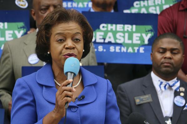 Democratic U.S. Senate candidate Cheri Beasley speaks during a campaign appearance in Durham, N.C., on Monday, Aug. 29, 2022. (AP Photo/Hannah Schoenbaum)