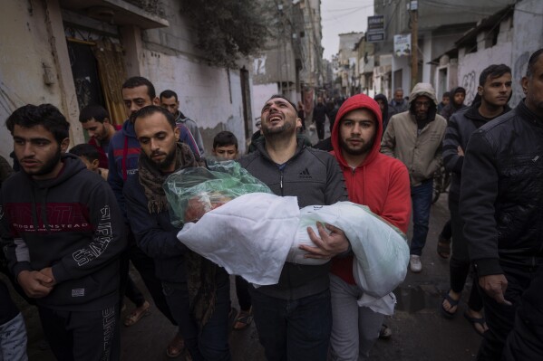 FILE - Mohammad Shouman carries the body of his daughter, Masa, who was killed in an Israeli bombardment of the Gaza Strip, during her funeral in Rafah, southern Gaza, Jan. 17, 2024. (AP Photo/Fatima Shbair, File)