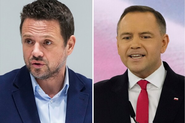 This combination of photos shows Warsaw Mayor Rafal Trzaskowski, left, in Warsaw, Poland, on March 14, 2022 and Karol Nawrocki in Szeligi near Warsaw, Poland, on March 2, 2025. (AP Photo/Czarek Sokolowski, File)