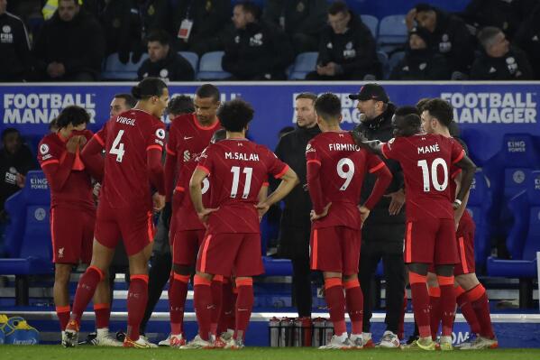 Liverpool's manager Jurgen Klopp gives instructions to his players during the English Premier League soccer match between Leicester City and Liverpool at the King Power Stadium in Leicester, England, Tuesday, Dec. 28, 2021. (AP Photo/Rui Vieira)