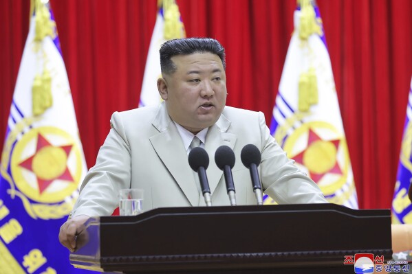 FILE - This photo provided on Tuesday, Aug. 29, 2023, by the North Korean government, North Korean leader Kim Jong Un speaks during his visit to the navy headquarter in North Korea, on Aug. 27, 2023. Independent journalists were not given access to cover the event depicted in this image distributed by the North Korean government. The content of this image is as provided and cannot be independently verified. Korean language watermark on image as provided by source reads: 