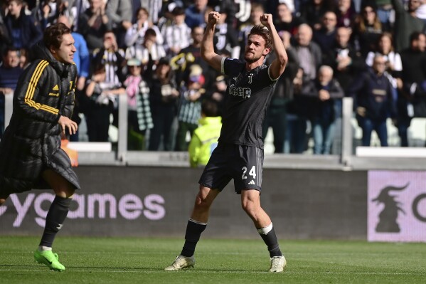 Juventus' Daniele Rugani celebrates after scoring their side's third goal of the game during the Serie A soccer match between Juventus and Frosinone at the Allianz Stadium in Turin, north west Italy, Sunday, Feb. 25, 2024. (Marco Alpozzi/LaPresse via AP)