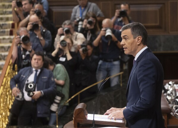 Spanish Prime Minister Pedro Sanchez speaks at the Spanish Parliament in Madrid, May 22, 2024. The European Union countries Spain and Ireland, as well as Norway, announced Wednesday May 22, 2024 their recognition of a Palestinian state.  Malta and Slovenia, which also belong to the 27-member European Union, could follow suit amid international outrage over civilian deaths and the humanitarian crisis in the Gaza Strip following the offensive Israeli.  (Eduardo Parra/Europa Press via AP)