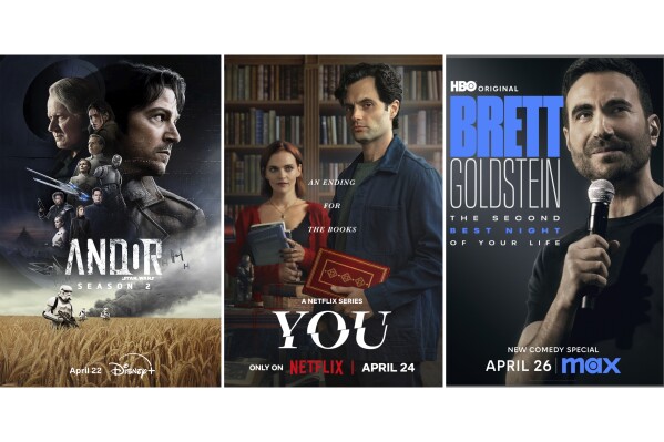 This combination of photos show promotional art for the series "Andor," left, the series "You," center, and the comedy special "Brett Goldstein: The Second Best Night of Your Life." (Disney/Netflix/Max via AP)