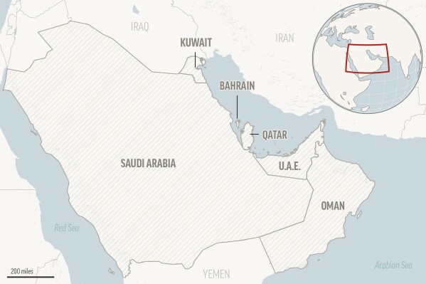 Đây là bản đồ định vị cho các quốc gia thành viên Hội đồng Hợp tác vùng Vịnh: Ả Rập Saudi, Bahrain, Qatar, Oman, Kuwait và Các Tiểu vương quốc Ả Rập Thống nhất. (Ảnh AP)