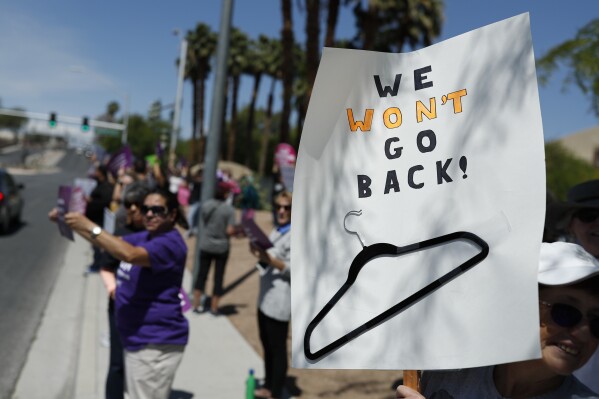 FILE - People rally in support of abortion rights, May 21, 2019, in Las Vegas. On Tuesday, March 19, 2024, a Nevada judge struck down the state's limits on Medicaid coverage for abortion services, saying the restrictions violate equal rights protections. (AP Photo/John Locher, File)