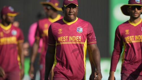 West Indies player Rovman Powell walks off the pitch after losing to Scotland in their ICC Men's Cricket World Cup Qualifier match at Harare Sports Club in Harare, Zimbabwe,Saturday July 1, 2023. (AP Photo/Tsvangirayi Mukwazhi)