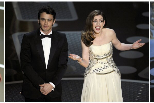 
              This combination photo shows the Academy Awards hosts, from left, David Letterman who hosted in 1995, James Franco and Anne Hathaway, who hosted in 2011, and Seth McFarlane, who hosted in 2013. (AP Photo)
            