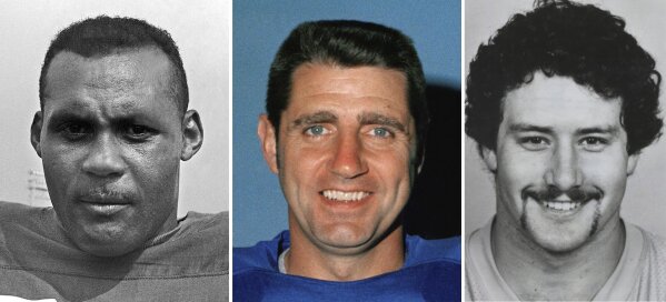 
              FILE - From left are file photos showing former football players Ollie Matson, in 1964, Earl Morrall in 1971 and John Grimsley in 1987. This week, The Associated Press interviewed the surviving relatives of more than a dozen players involved in a study about living and dying with CTE. (AP Photo/File)
            