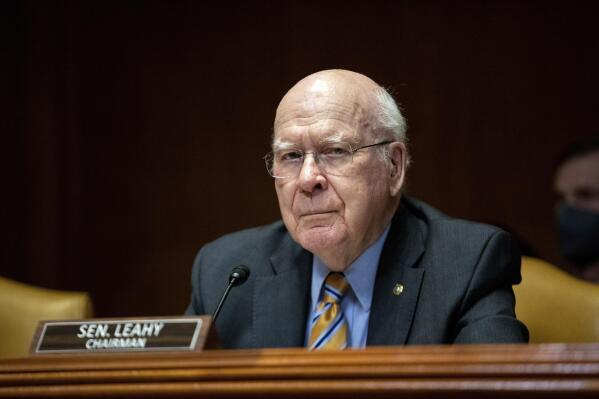 FILE - Sen. Patrick Leahy, D-Vt., listens as Chairman of the Joint Chiefs of Staff Gen. Mark Milley and Secretary of Defense Lloyd Austin testify before the Senate Appropriations Committee Subcommittee on Defense, May 3, 2022, on Capitol Hill in Washington. Leahy has broken a hip in a fall at his home and was to undergo surgery to repair it, his office said Thursday, June 30, 2022. The 82-year-old Democrat fell Wednesday night in McLean, Virginia, the statement said. (Amanda Andrade-Rhoades/The Washington Post via AP, Pool, File)