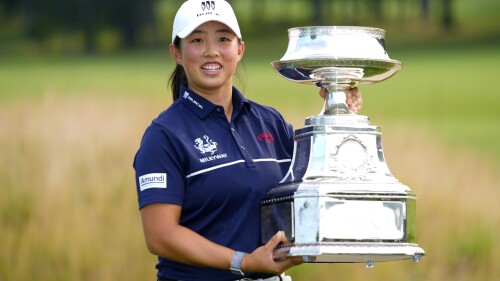 Ruoning Yin, of China, holds the trophy after winning the Women's PGA Championship golf tournament, Sunday, June 25, 2023, in Springfield, N.J. (AP Photo/Matt Rourke)