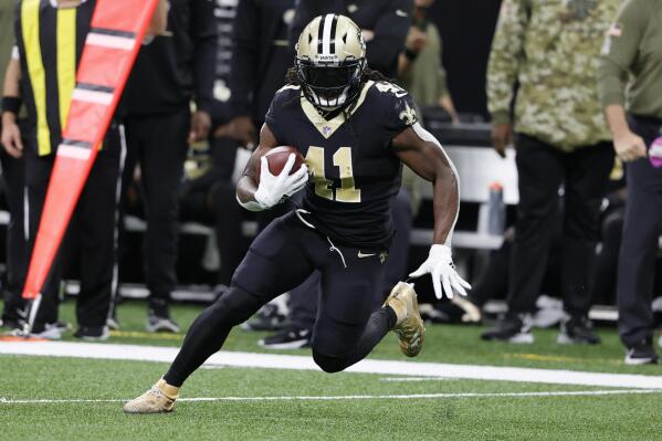New Orleans Saints running back Alvin Kamara (41) runs against the Atlanta Falcons during the second half of an NFL football game, Sunday, Nov. 7, 2021, in New Orleans. (AP Photo/Butch Dill)