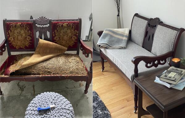 This combination of photos released by Shawn Hollenbach shows the transformation of an antique settee. America’s attics, basements and garages are filled with hand-me-down home decor and household goods waiting to be unearthed. And this may be the perfect moment for that to happen, with prices rising and supply chains at a crawl.  (Shawn Hollenbach via AP)