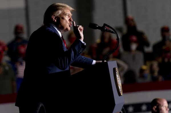 President Donald Trump speaks at a rally at Minden-Tahoe Airport in Minden, Nev., Saturday, Sept. 12, 2020. (AP Photo/Andrew Harnik)