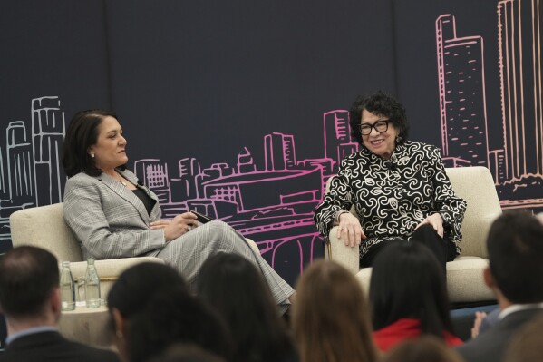 U.S. Supreme Court Associate Justice Sonia Sotomayor participates in a fireside chat with Knight Foundation President and CEO Maribel Pérez Wadsworth in Miami Tuesday, Feb. 11, 2025. (AP Photo/Lynne Sladky)