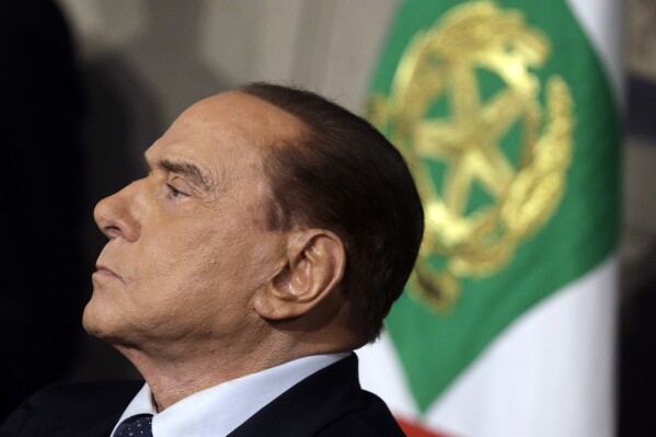 FILE - Silvio Berlusconi meets journalists at the Quirinale presidential palace after talks with Italian President Sergio Mattarella, in Rome, April 12, 2018. Silvio Berlusconi died Monday, June 12, 2023. Whether and how Berlusconi’s Forza Italia party survives is being quietly discussed on the inside pages of newspapers and the back corridors of parliament. (AP Photo/Gregorio Borgia, File)