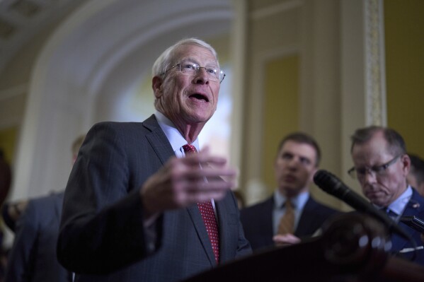 Sen. Roger Wicker, R-Miss., chairman of the Senate Armed Services Committee, speaks to reporters at the Capitol in Washington, Tuesday, June 10, 2025. (AP Photo/J. Scott Applewhite)