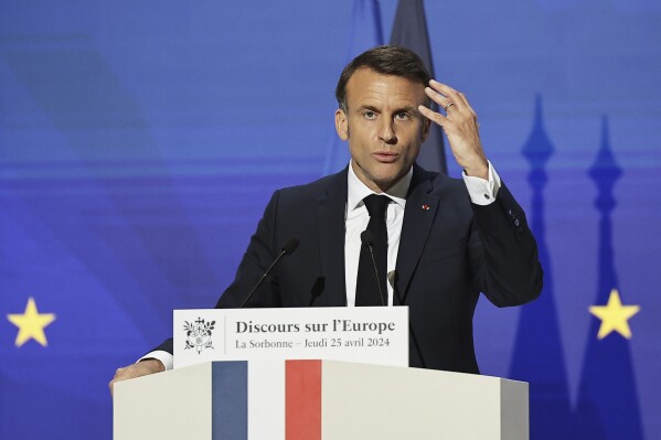 French President Emmanuel Macron delivers a speech on Europe in the amphitheater of the Sorbonne University, Thursday, April 25 in Paris. 2024. French President Emmanuel Macron will outline his vision for Europe as a more assertive global power at the backdrop of war in Ukraine, security, and economic challenges in a speech ahead of pivotal election for the European Parliament in June. (Christophe Petit Tesson, Pool via AP)