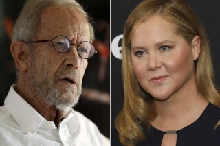 Author Elmore Leonard appears during an interview at his Bloomfield Township, Mich., home on Sept. 17, 2012, left, and actor-comedian Amy Schumer appears at the premiere of Hulu's Original Series "Life & Beth" in New York on March 16, 2022. A new study from PEN America finds that tens of thousands of books are banned or restricted by U.S. prisons. Leonard's thriller “Cuba Libre,”is banned in Michigan and Schumer's memoir “The Girl with the Lower Back Tattoo” was flagged by Florida officials for graphic sexual content and for being a threat to the security. (AP Photo)