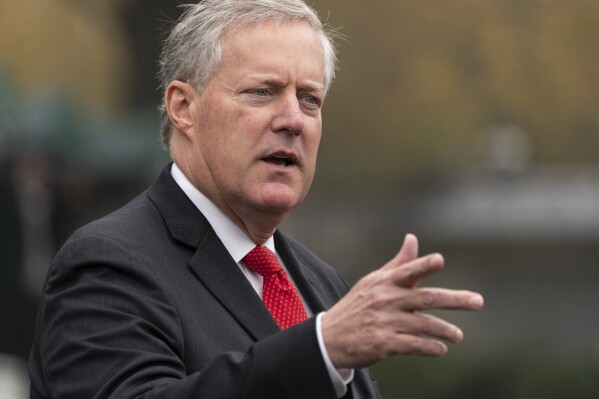 FILE - White House chief of staff Mark Meadows speaks with reporters at the White House, Oct. 21, 2020, in Washington. (AP Photo/Alex Brandon, File)