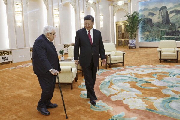 FILE - Chinese President Xi Jinping, right, meets with former U.S. Secretary of State Henry Kissinger at the Great Hall of the People in Beijing, China, Thursday, Nov. 8, 2018. Official China called Kissinger 鈥渁n old friend.鈥� A commentator likened him to a giant panda, a goodwill ambassador between two countries that have been more often at odds over the decades than not. Kissinger, who died Wednesday, Nov. 29, 2023, developed a special relationship with China in the second half of his 100-year-long life.(Thomas Peter/Pool Photo via AP, File)