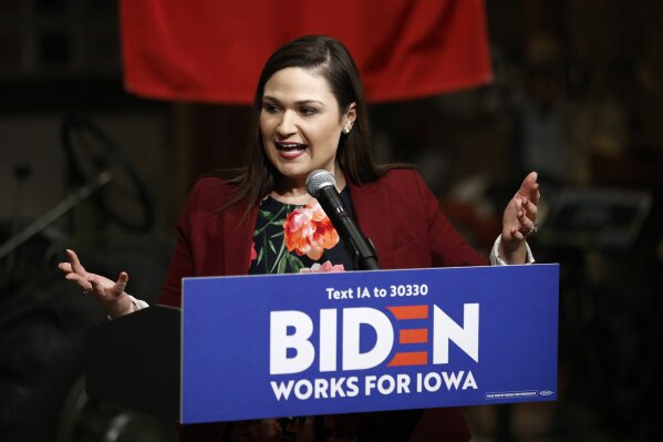 FILE - In this Jan. 3, 2020 file photo, Rep. Abby Finkenauer, D-Iowa, introduces Democratic presidential candidate, former Vice President Joe Biden during a campaign event in Independence, Iowa. The U.S. Chamber of Commerce has decided to endorse 23 freshmen House Democrats in this fall’s elections. The move represents a gesture of bipartisanship by the nation's largest business organization, which has long leaned strongly toward Republicans. (AP Photo/Patrick Semansky)