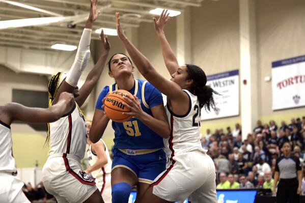 UCLA's Lauren Betts (51) goes up to shoot against UConn during the second half of an NCAA college basketball game at the Cayman Islands Classic in George Town, Cayman Islands, Friday, Nov. 24, 2023. (AP Photo/Kevin Morales)